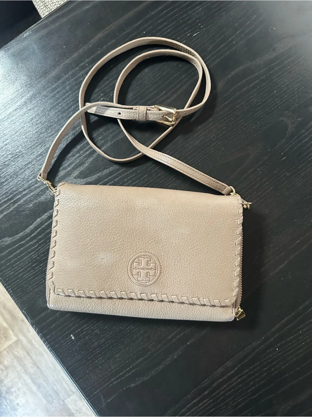 Tory Burch Taupe Leather Crossbody with Whipstitch Detail
